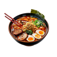 A bowl of ramen with chopsticks and eggs png