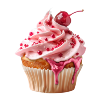 A cupcake with pink icing and cherry on top png