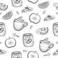 Winter drinks seamless pattern. Mulled wine and ingredients. Punch in cup, mug, apple, spices. Sketch background. vector