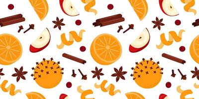 Mulled wine ingredients seamless pattern. Citrus fruits and spices. Print for packaging, fabric, wallpaper. vector