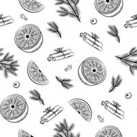 Ingredients for mulled wine and pine branches. Orange, star anise, cinnamon, cloves. Seamless pattern on white background. vector