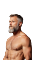 A muscular shirtless man with a grey beard, standing in profile, isolated on a transparent background. Perfect for fitness and strength themes. png