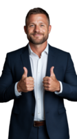 A smiling man in a business suit giving thumbs up, standing against a transparent background. png