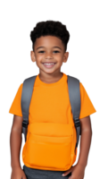 A smiling young boy with a yellow backpack and orange t-shirt, isolated on a transparent background. Ideal for back-to-school and childhood themes. png