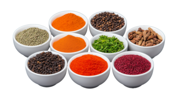Different spices in white bowls, isolated on a transparent background. Perfect for food and culinary projects. png