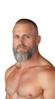 A shirtless man with a grey beard, facing forward, isolated on a transparent background. Ideal for fitness and strength-related themes. png