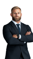 A confident man in a black suit with arms crossed, standing against a transparent background. Perfect for business concepts. png