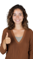 A woman in a brown sweater smiling and giving a thumbs-up, isolated on a transparent background. Ideal for approval and positivity themes. png