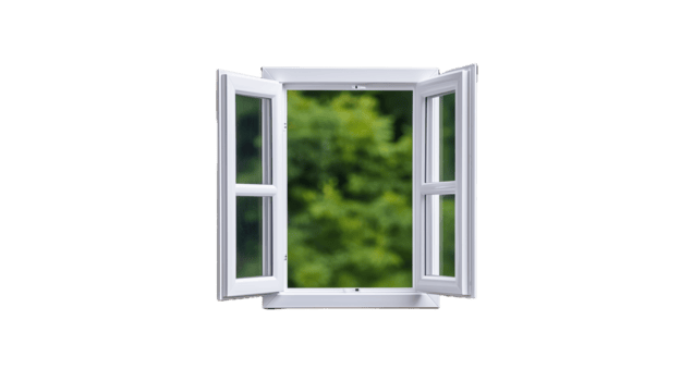 An open window with a view of greenery and blue sky, isolated on a transparent background. Perfect for nature and architecture themes. png