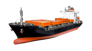 A large cargo ship loaded with containers, isolated on a transparent background. Perfect for shipping and logistics concepts. png