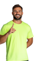 A cheerful man wearing a neon green t-shirt, giving a thumbs-up, isolated on a transparent background. Great for positive and lifestyle themes. png