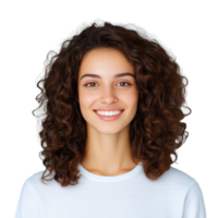 A smiling young woman with curly hair wearing a light blue shirt, isolated on a transparent background. Perfect for casual and lifestyle themes. png