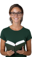 A smiling young woman with glasses holding an open book, isolated on a transparent background. Ideal for education and casual lifestyle themes. png