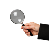 A hand holding a magnifying glass, isolated on a transparent background. Perfect for search and discovery concepts. png