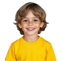 A smiling young boy with curly blonde hair wearing a yellow t-shirt, isolated on a transparent background. Ideal for youth and lifestyle themes. png