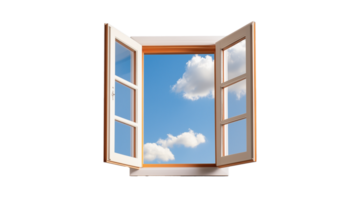 A wooden-framed open window with a view of a blue sky and cloud, isolated on a transparent background. Perfect for architecture and nature projects. png
