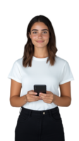 A smiling woman holding a smartphone, standing confidently, isolated on a transparent background. Ideal for technology and lifestyle themes. png