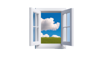 An open window showing a view of a green landscape and blue sky with clouds, isolated on a transparent background. Ideal for nature and architecture themes. png