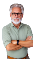 An older man with white hair and glasses, arms crossed, isolated on a transparent background. Ideal for business and professional themes. png