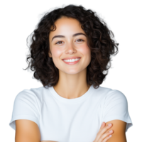 A smiling young woman with curly hair wearing a white t-shirt, isolated on a transparent background. Ideal for casual and lifestyle themes. png