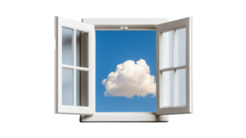 An open window with a view of a blue sky and fluffy cloud, isolated on a transparent background. Ideal for architecture and nature themes. png