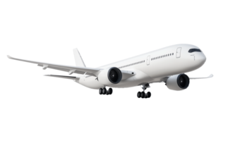 A modern passenger airplane in flight, isolated on a transparent background. Ideal for travel and aviation themes. png