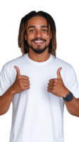 A smiling man with dreadlocks giving two thumbs up, wearing a white t-shirt, isolated on a transparent background. Ideal for positive and casual themes. png