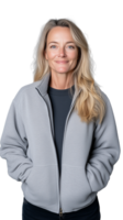 A confident middle-aged woman with blonde hair wearing a grey jacket, smiling, isolated on a transparent background. Perfect for casual and lifestyle projects. png