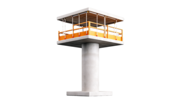 A modern watchtower structure with orange accents, isolated on a transparent background. Perfect for architecture and safety concepts. png