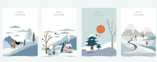 winter landscape background with mountain,tree,people for a4 vertical design vector