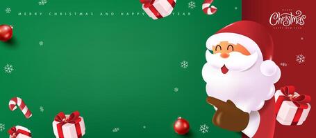 Merry Christmas banner with cute funny Santa Claus characters in cartoon style pointing to empty space vector