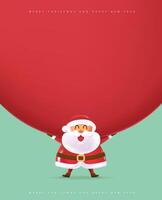 Merry Christmas banner with cute funny Santa Claus character in cartoon style holding a big red bag and free space vector