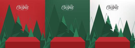 Merry Christmas banner with product display table and Artificial Christmas Trees backdrop vector