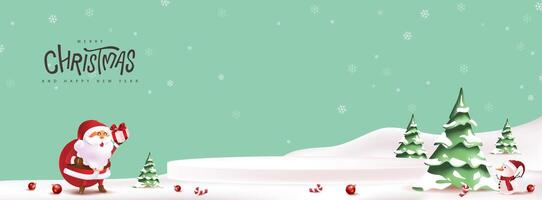 Merry christmas and happy new year greeting card with snow product display cylindrical shape copy-space and cute funny Santa Claus character in winter christmas landscape snow falling vector