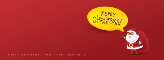 Merry Christmas banner with cute funny Santa Claus character in cartoon style holding a big red bag and speech bubble vector