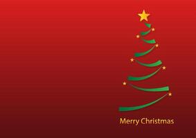 The line ribbons green of Christmas tree with a golden shiny star on top on red background. vector