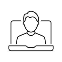 Man on Call Line Icon for Online Support and Virtual Communication. Male on Laptop Screen, Conference and Remote Support Symbol. Editable Stroke. Isolated Illustration vector