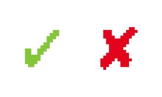 Approval and Rejection Symbol in UI Design. Pixel Art Green Check and Red Cross Icon. Correct and Wrong Indicators. Isolated Illustration vector