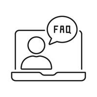 Virtual Assistant Outline Symbol. Person on Laptop with FAQ Chat Bubble Line Icon. Online Customer Support Sign. Editable Stroke. Isolated Illustration vector