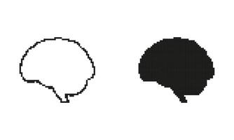 Pixelated Brain Icon Set. Outline and Filled Brain Symbols in Pixel Art Style. Cognitive Sign. Isolated Illustration vector