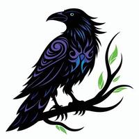 a raven sitting on a branch with green leaves vector