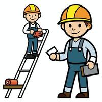 worker with toolbox uses ladder builder with. vector