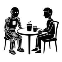robot and man in cafe, black and white illustration vector