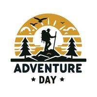 Logo style image featuring a silhouette of a hiker with a backpack and walking stick. vector