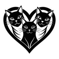 three cats in a heart shape with black and white lines vector