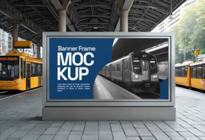 mockup of a banner frame in a train station public area psd