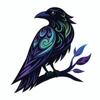 a raven sitting on a branch with a colorful pattern vector