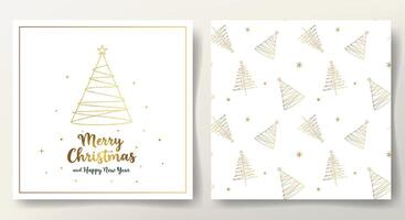 Simple merry Christmas card and seamless pattern with golden Christmas tree and lettering. Minimalistic template. vector
