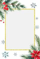Christmas frame with watercolor flower, fir branches, berries, snowflakes and place for text. New year poster vector