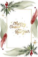 Christmas card with fir branches, watercolor splashes and golden text. Xmas frame. Pastel winter background vector